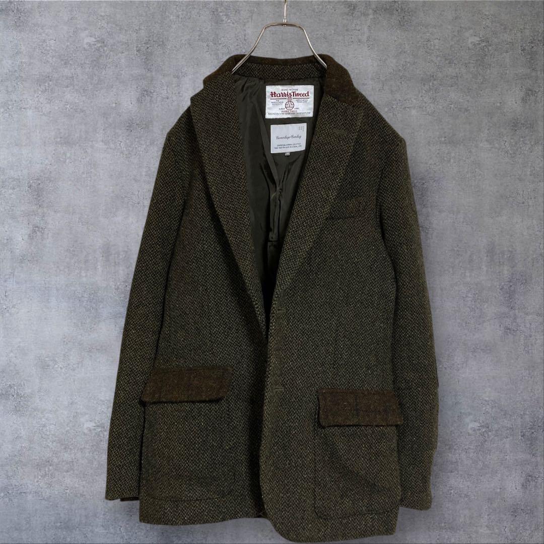 【美品】別注　ハリスツイード テーラードジャケットエルボーパッチ　カーキ M