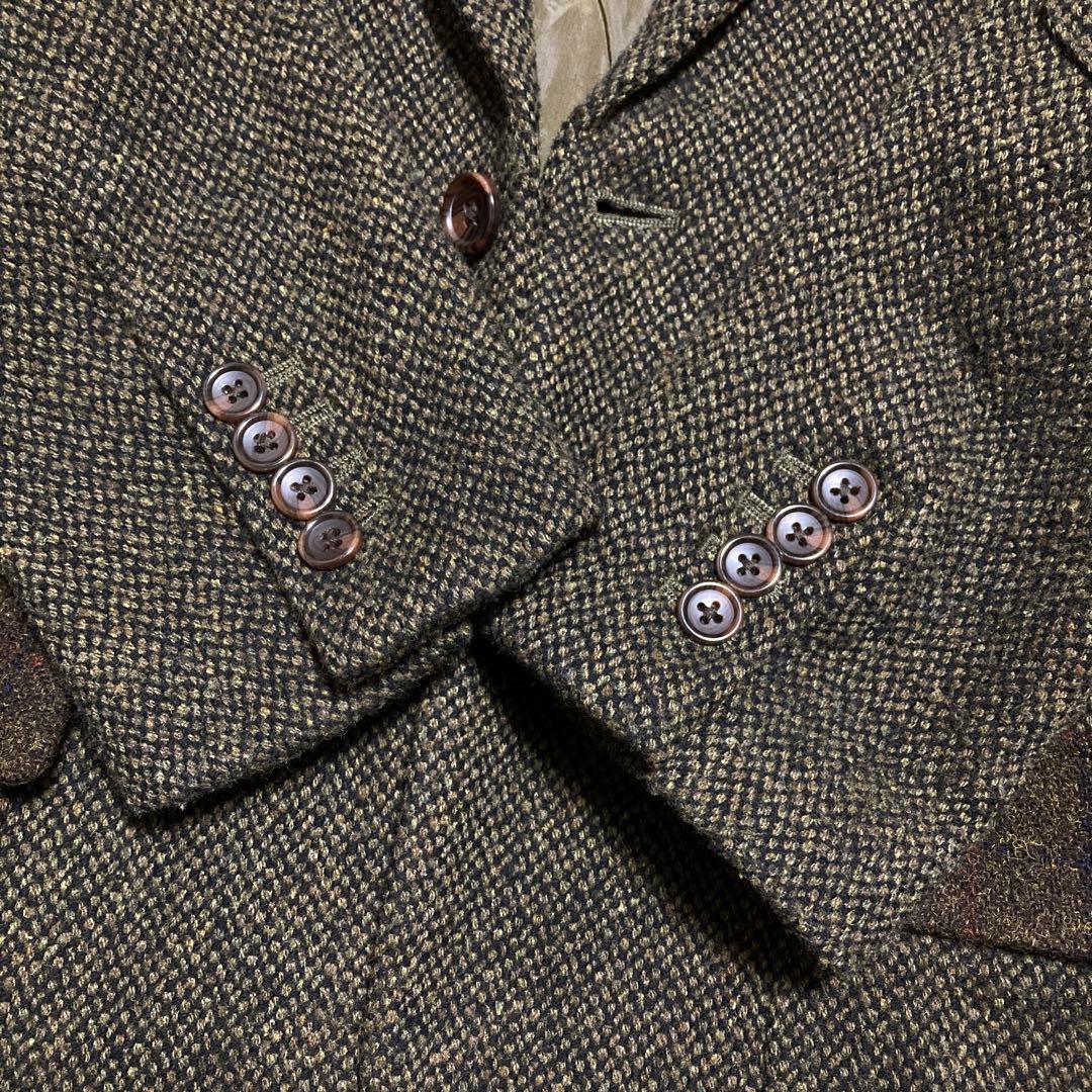【美品】別注　ハリスツイード テーラードジャケットエルボーパッチ　カーキ M