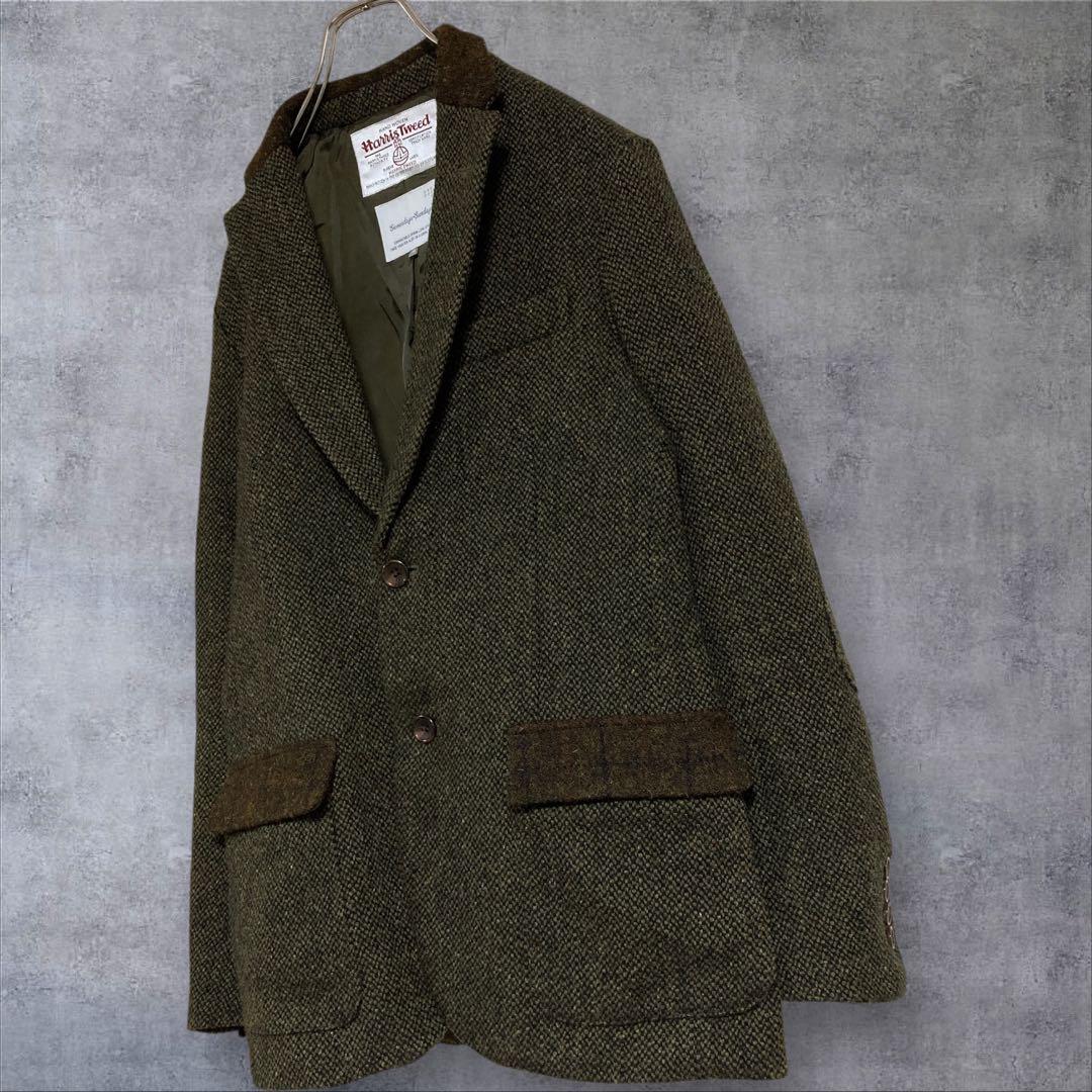 【美品】別注　ハリスツイード テーラードジャケットエルボーパッチ　カーキ M