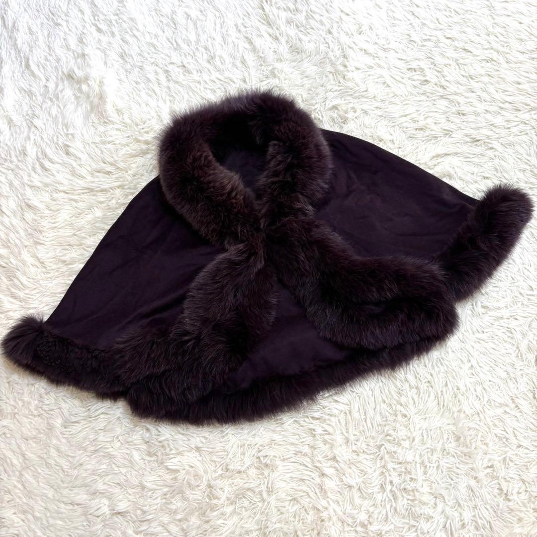 【美品・希少】カシミヤ フォックスファー ケープポンチョ　パープル　大きいサイズ
