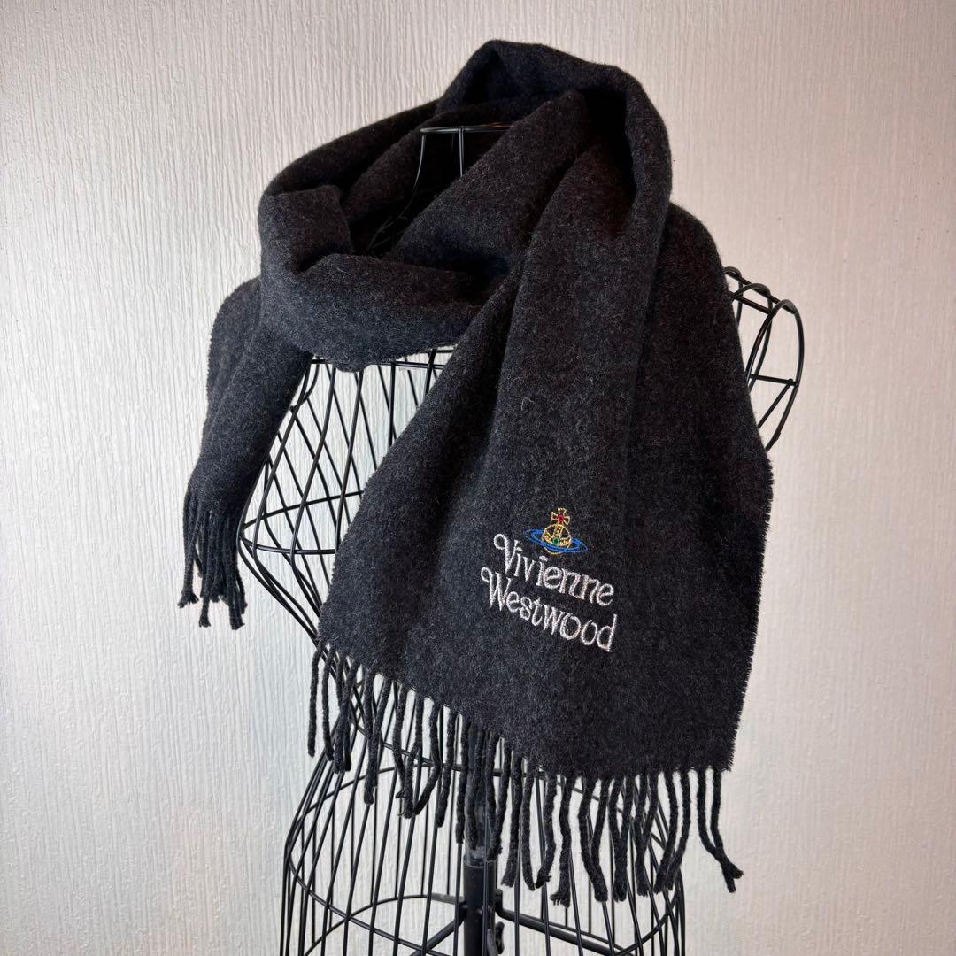 ★Vivienne Westwood ★濃グレーマフラー★ウール100★ロゴ刺繍