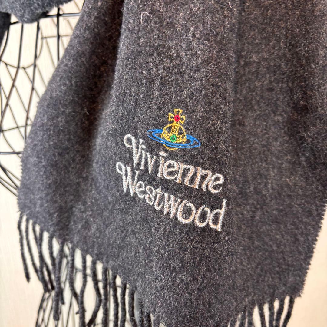 ★Vivienne Westwood ★濃グレーマフラー★ウール100★ロゴ刺繍