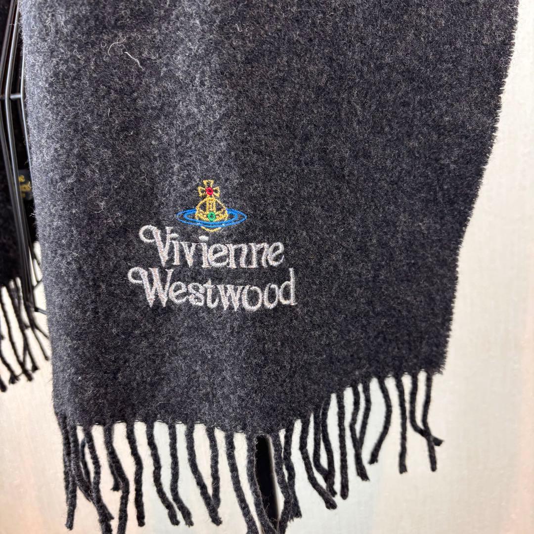 ★Vivienne Westwood ★濃グレーマフラー★ウール100★ロゴ刺繍