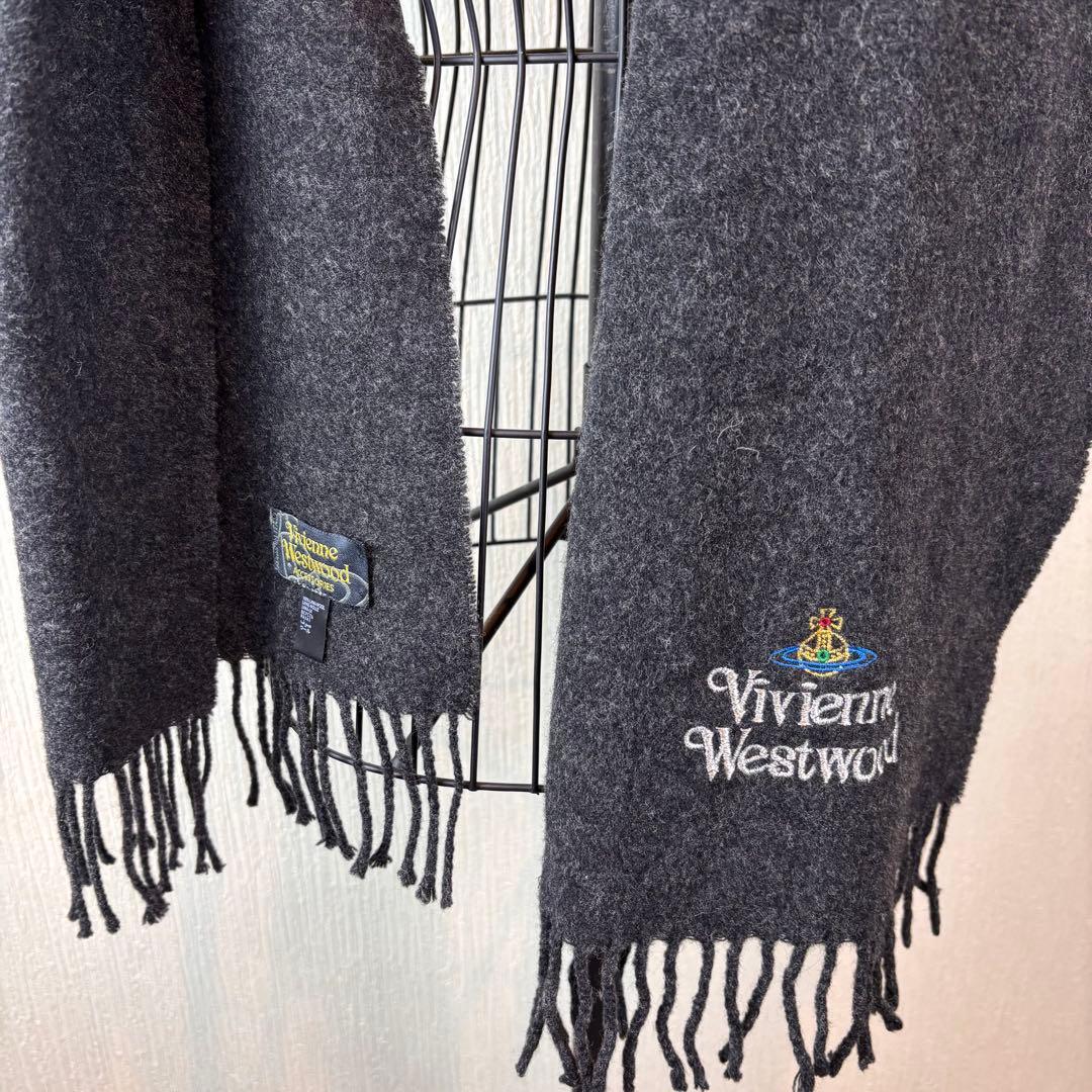 ★Vivienne Westwood ★濃グレーマフラー★ウール100★ロゴ刺繍