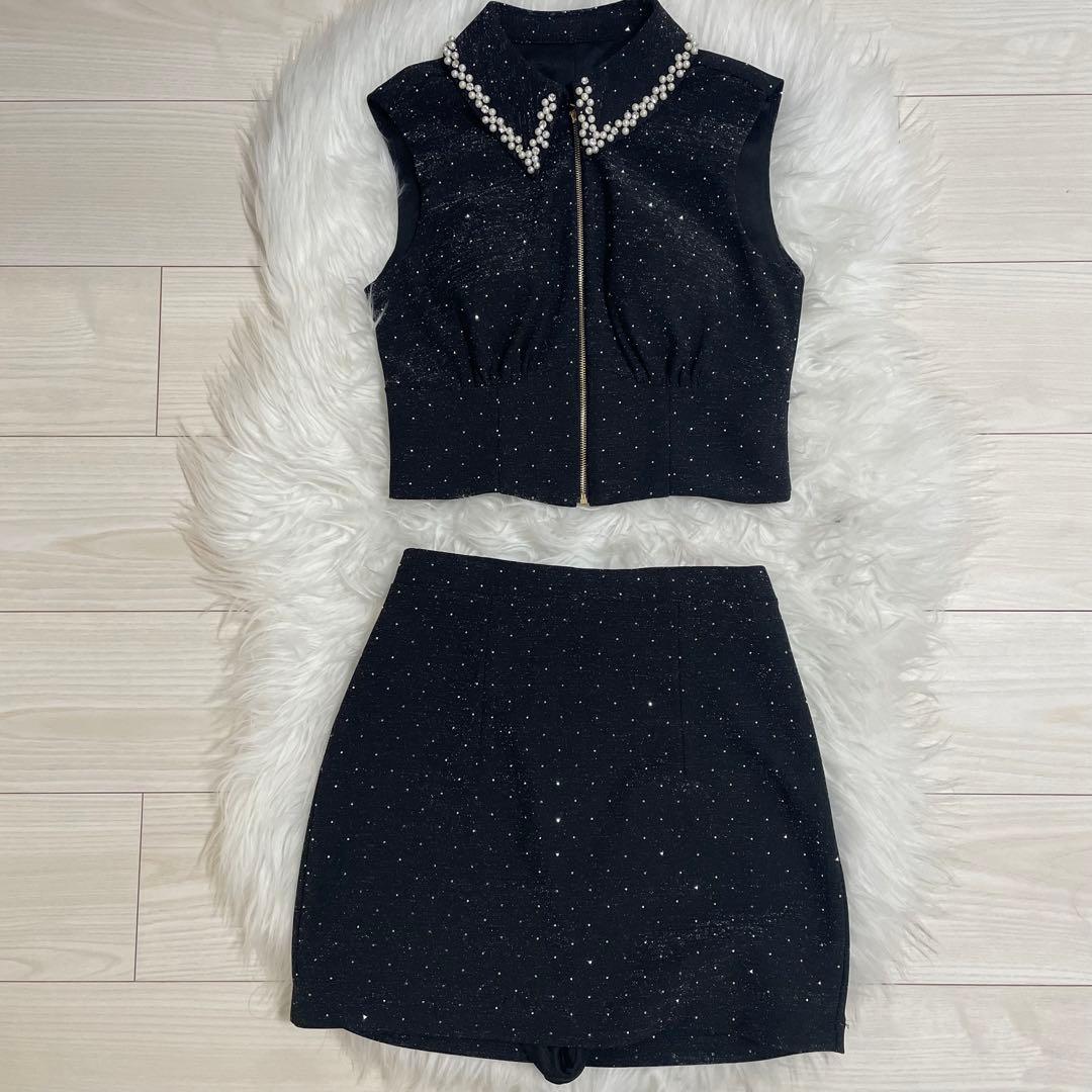 jewels パール襟　フロントジップセットアップドレス　M