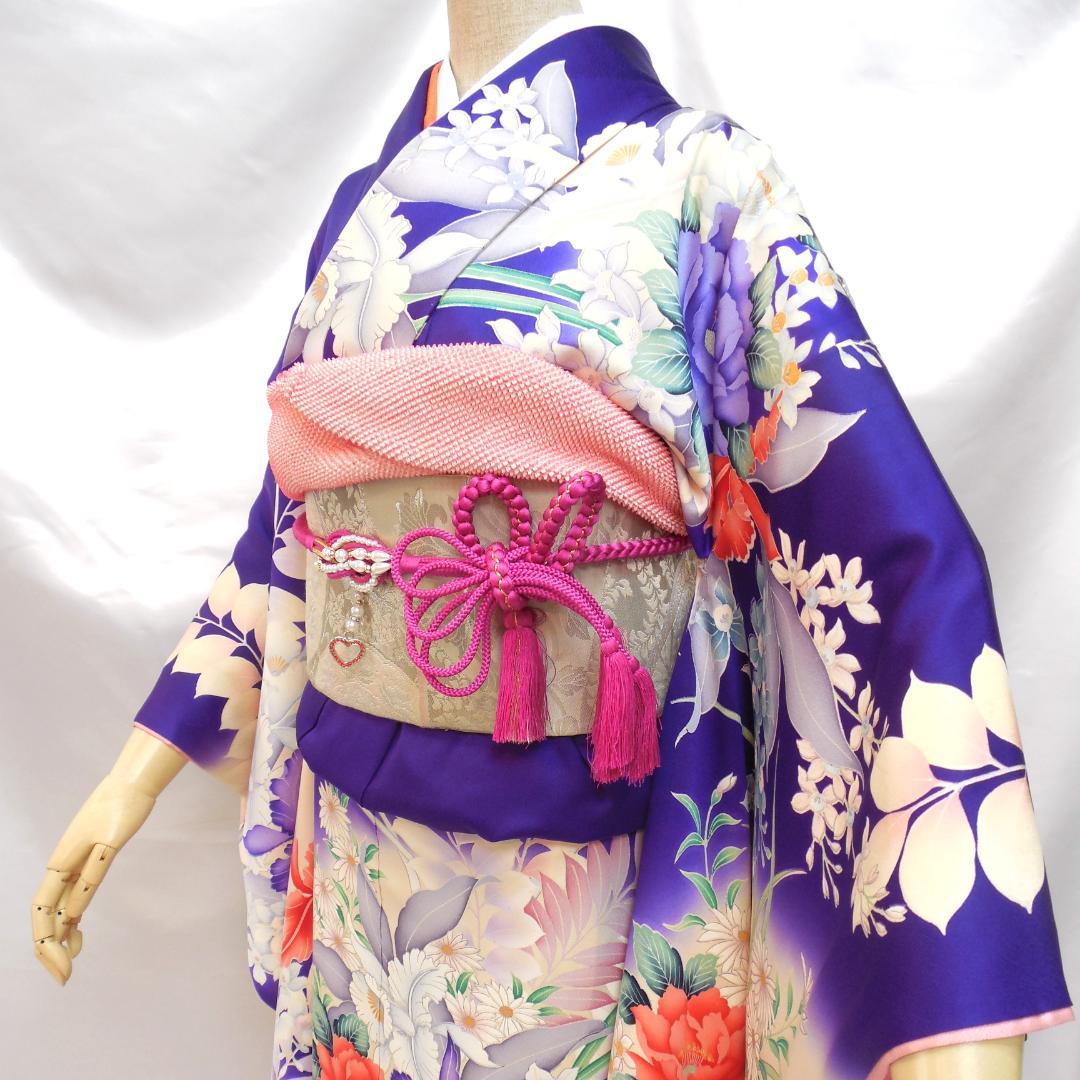 美品★振袖フルセット　正絹　成人式　振袖　7点セット　Mサイズ　紫　花柄　華やか