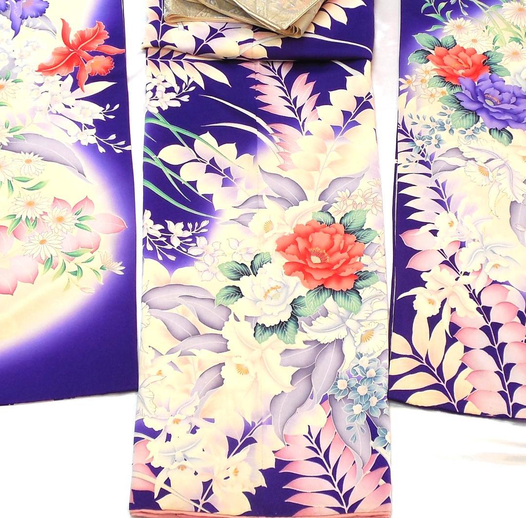 美品★振袖フルセット　正絹　成人式　振袖　7点セット　Mサイズ　紫　花柄　華やか