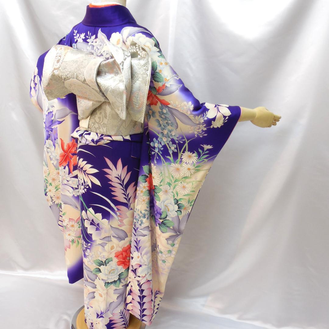 美品★振袖フルセット　正絹　成人式　振袖　7点セット　Mサイズ　紫　花柄　華やか