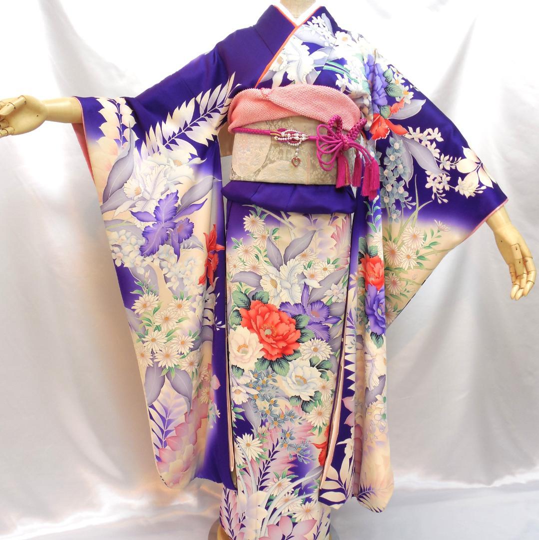美品★振袖フルセット　正絹　成人式　振袖　7点セット　Mサイズ　紫　花柄　華やか