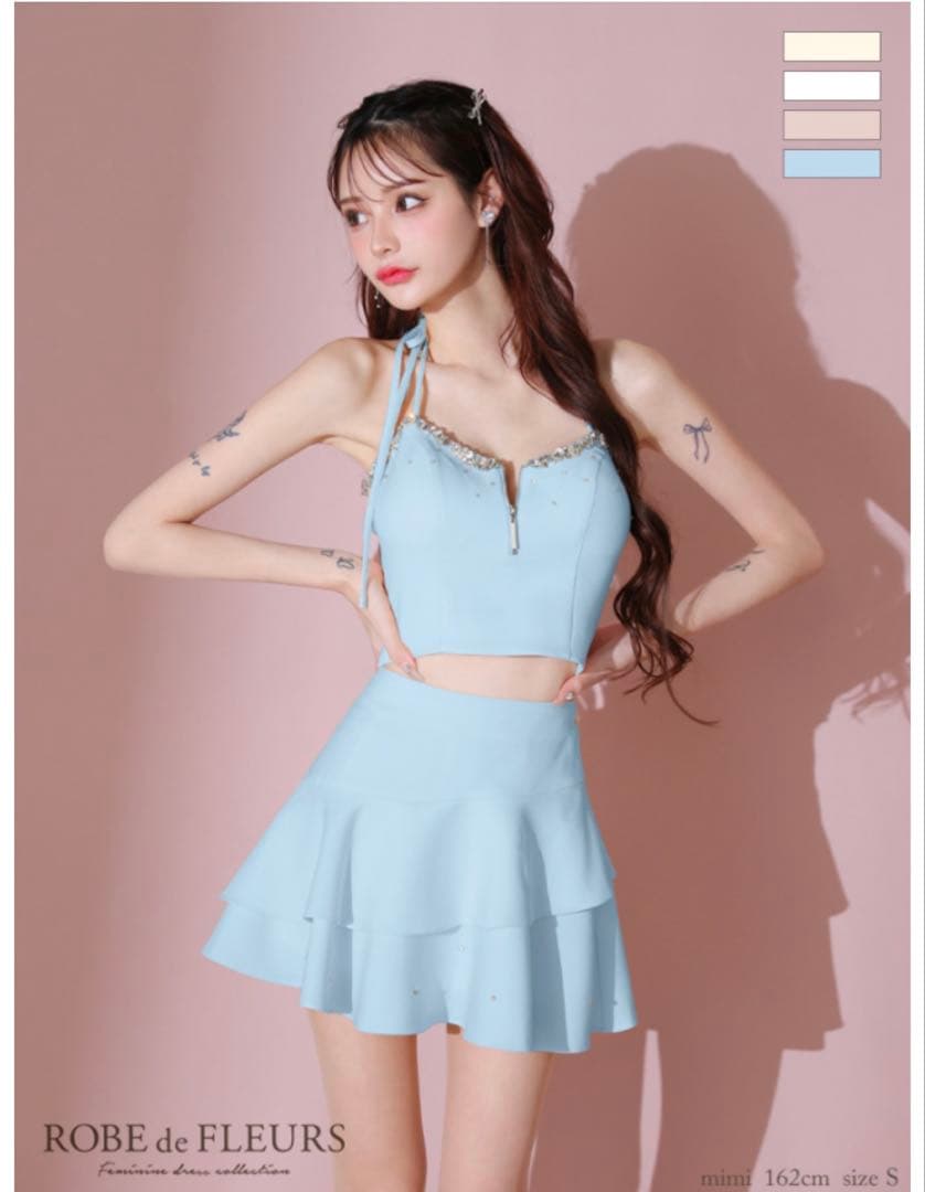 ROBE de FLEURSアシンメトリーリボンティアードフリルミニキャバドレス