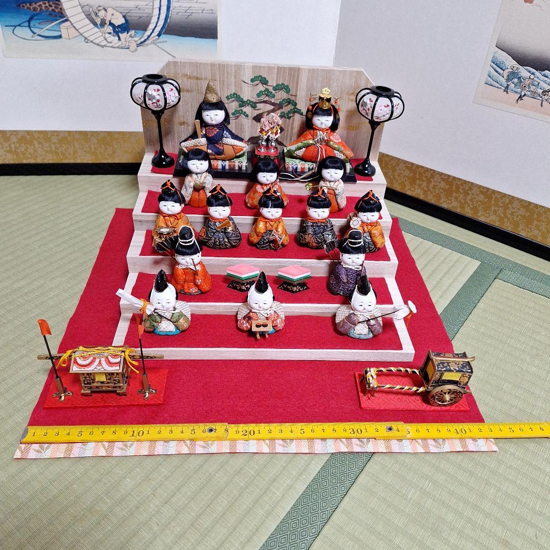 年代物木目込みお雛様、15人雛飾り、雛段新品、段飾りお雛様