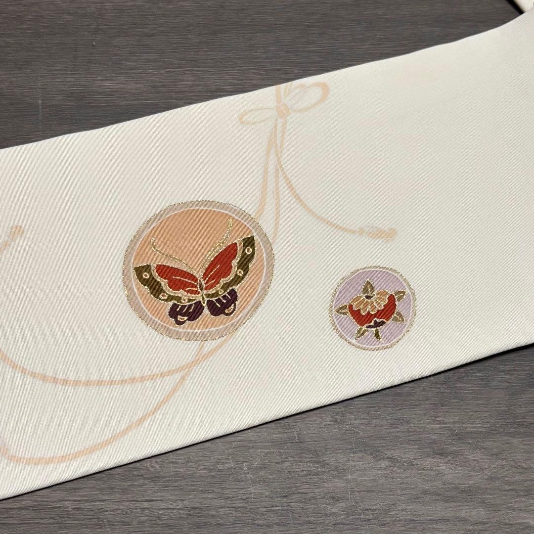 名古屋帯 手描友禅 白 塩瀬 正絹 中古 so256