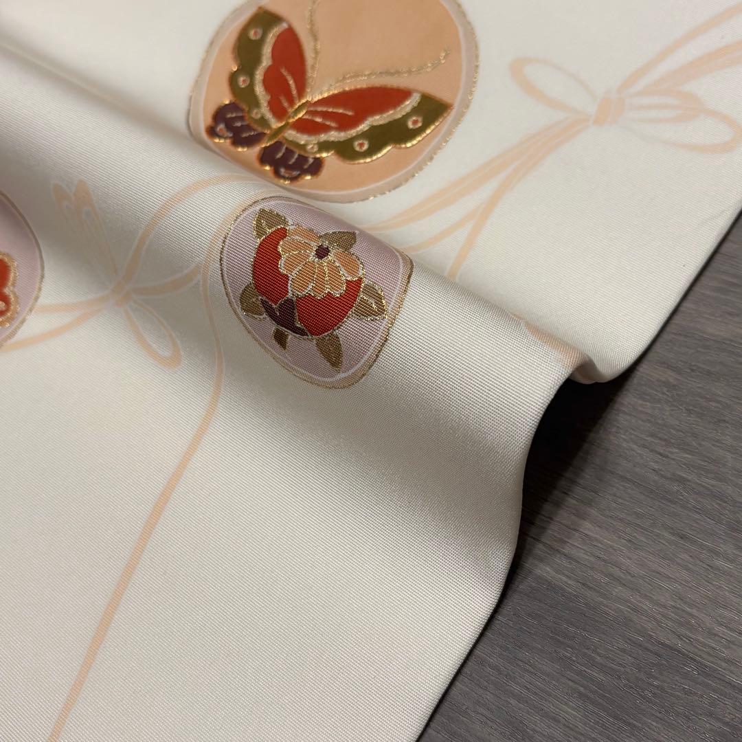 名古屋帯 手描友禅 白 塩瀬 正絹 中古 so256