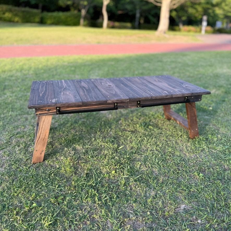 キャンプテーブル 折りたたみ 幅84cm ローテーブル室内兼用 アイアンバー付き