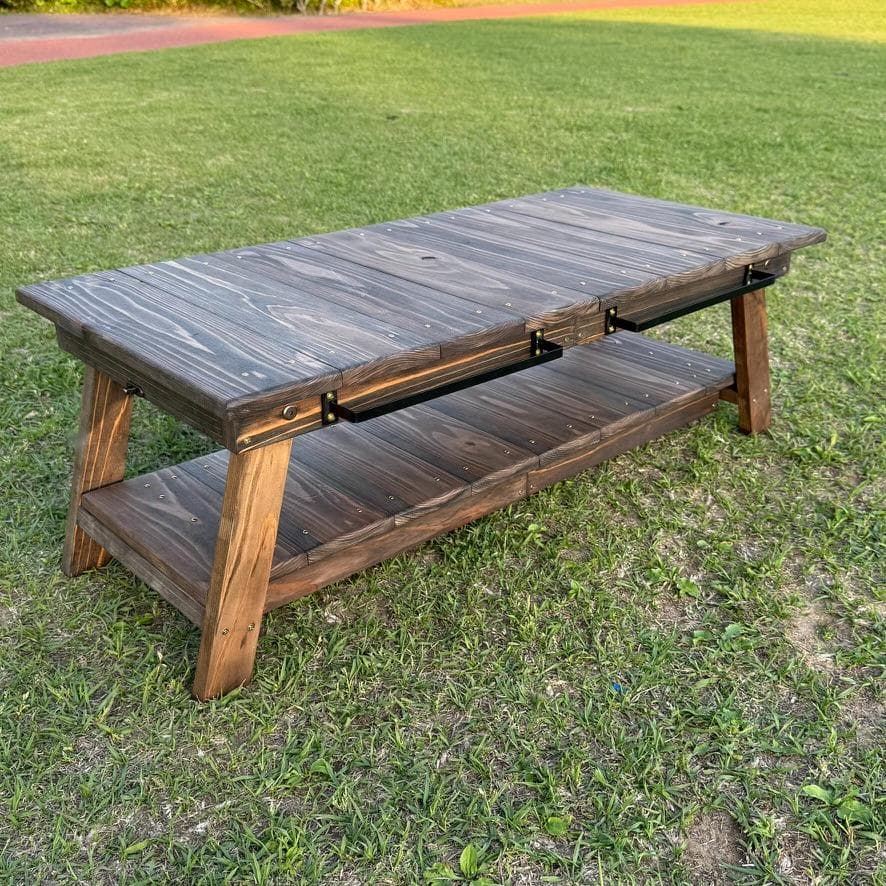 キャンプテーブル 折りたたみ 幅84cm ローテーブル室内兼用 アイアンバー付き