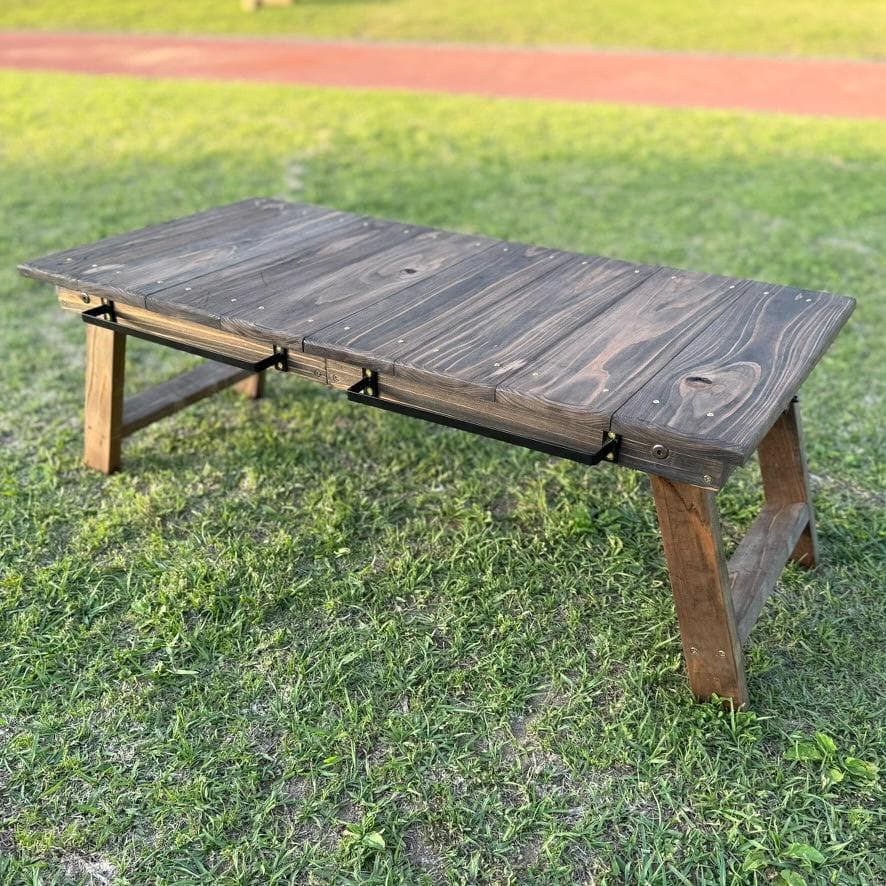 キャンプテーブル 折りたたみ 幅84cm ローテーブル室内兼用 アイアンバー付き