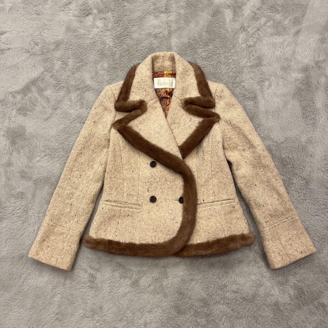 Harrods♡ミンクファー付ショート丈 ウールコート モヘア 裏地シルク 1
