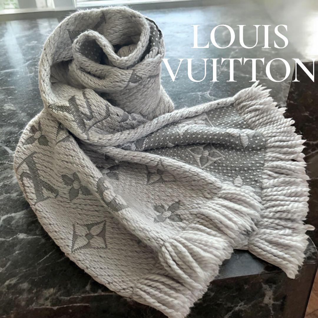 美品　ルイヴィトン ロゴマニア　ニットマフラー グレー