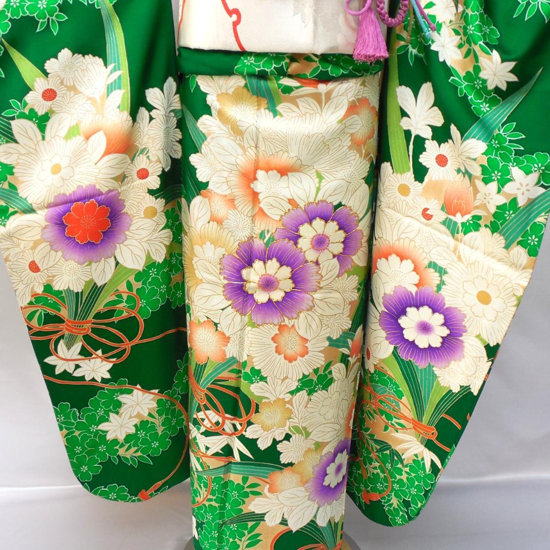 特価★ 美品　振袖フルセット　正絹　成人式　振袖　7点セット　Sサイズ　緑　花柄