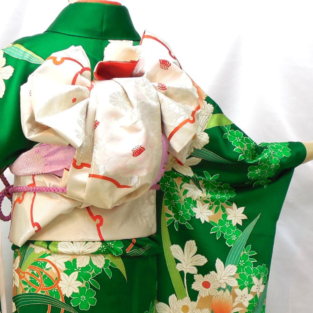 特価★ 美品　振袖フルセット　正絹　成人式　振袖　7点セット　Sサイズ　緑　花柄