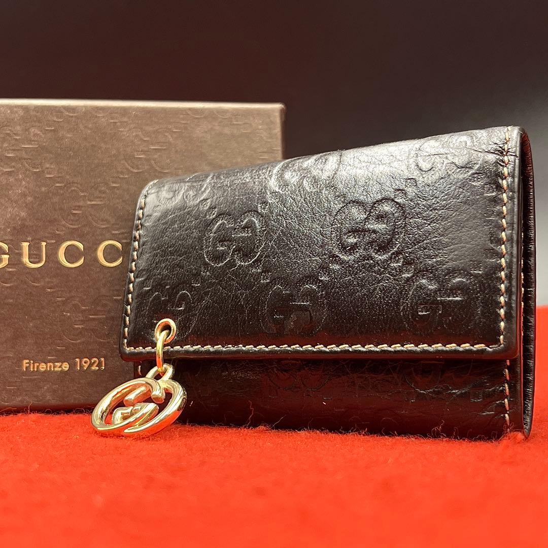 【極美品】グッチ GG柄 ロゴ キーケース ゴールド金具 レザー ダークブラウン