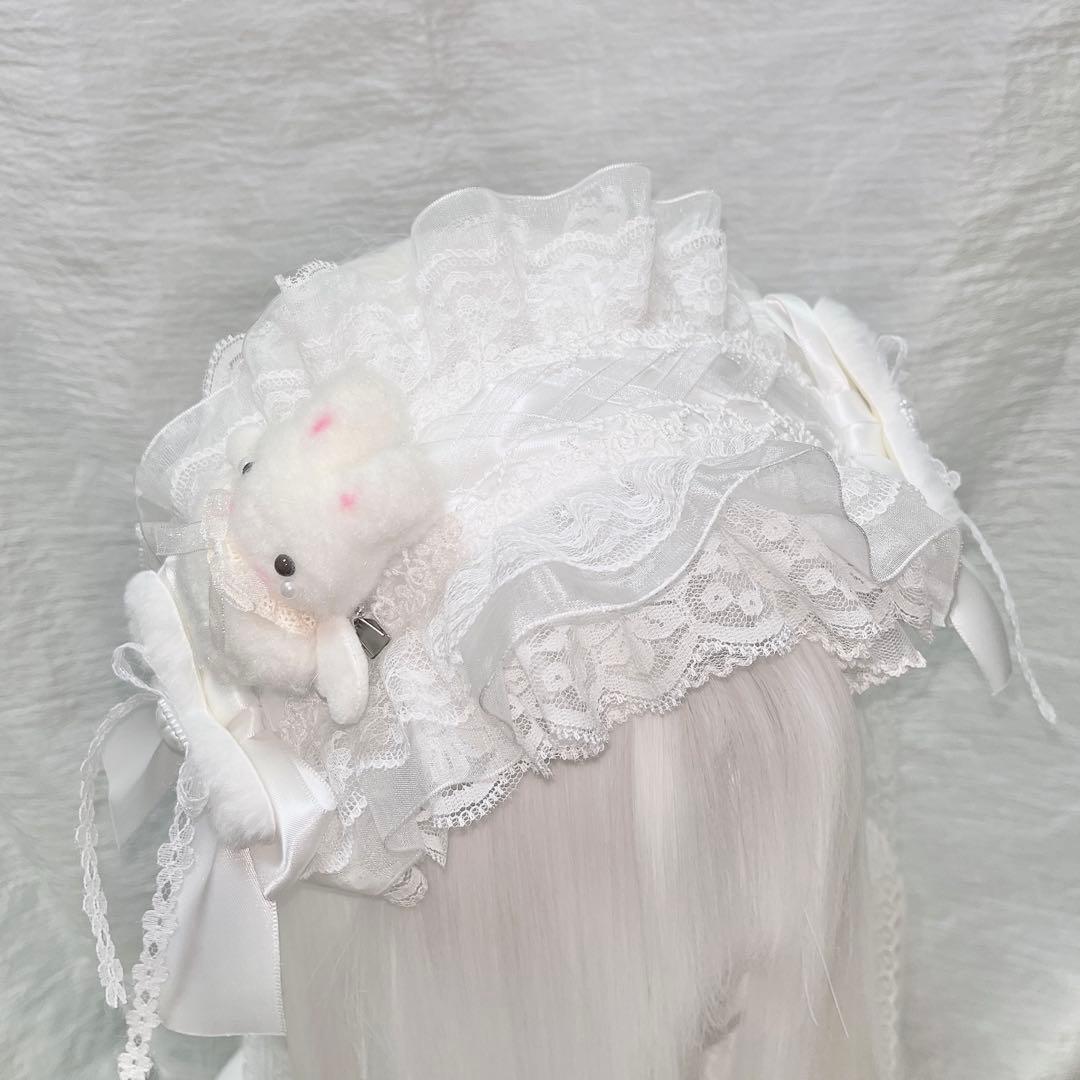 ♡3点No.2 天使のうさぎさん付き 編み上げリボンヘッドドレス white ♡