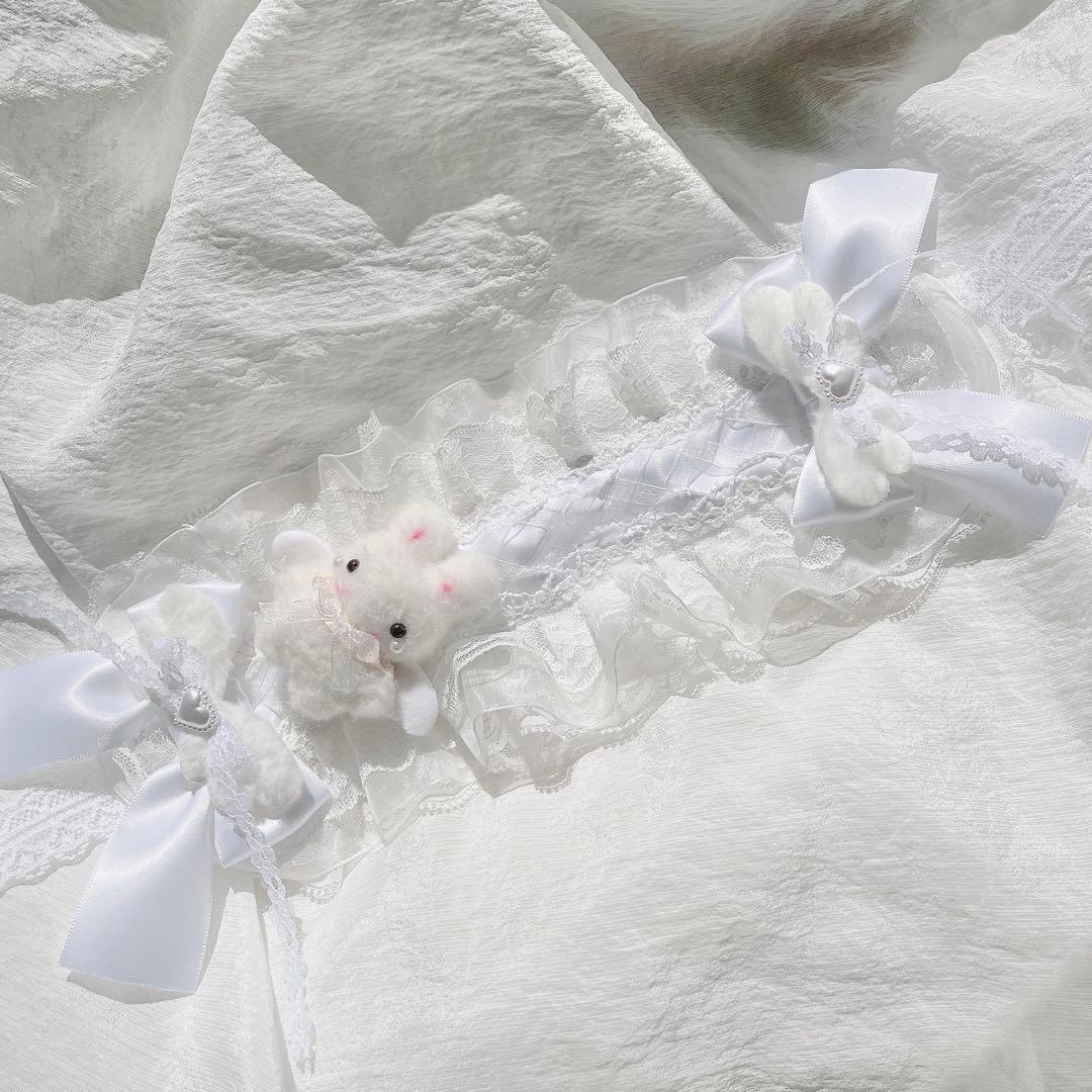 ♡3点No.2 天使のうさぎさん付き 編み上げリボンヘッドドレス white ♡