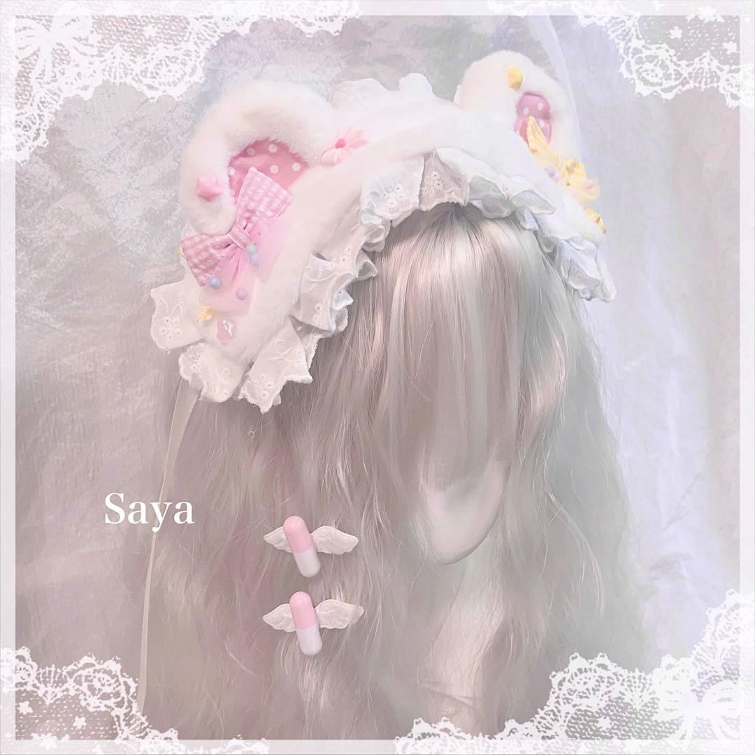 ♡3点No.2 天使のうさぎさん付き 編み上げリボンヘッドドレス white ♡