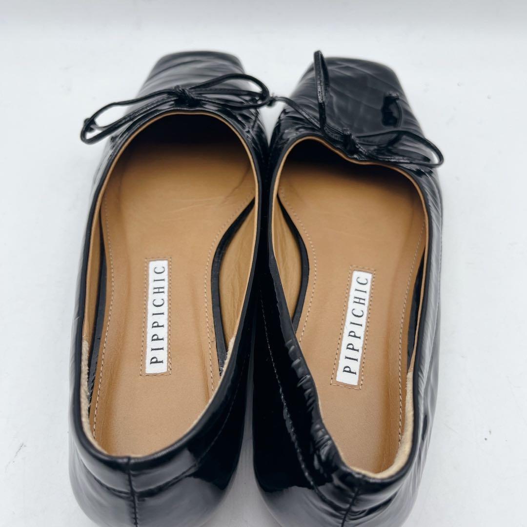 美品✨ピッピシック スクエアトゥ エナメル リボンフラットシューズ 36.5 黒