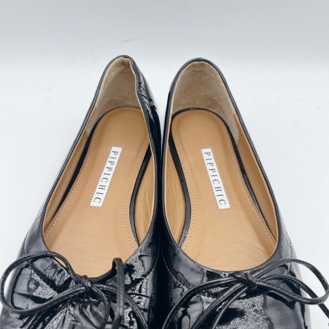 美品✨ピッピシック スクエアトゥ エナメル リボンフラットシューズ 36.5 黒