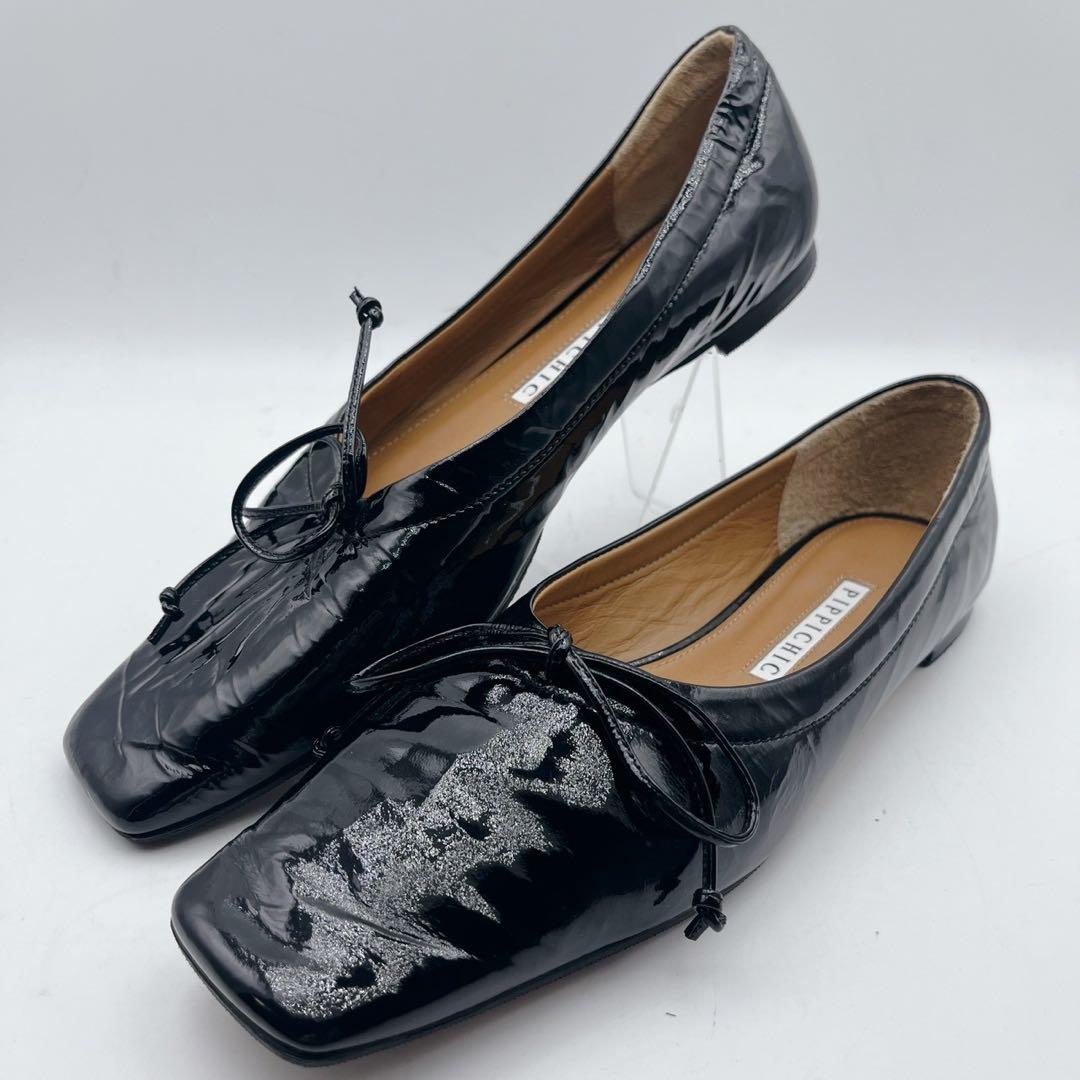 美品✨ピッピシック スクエアトゥ エナメル リボンフラットシューズ 36.5 黒