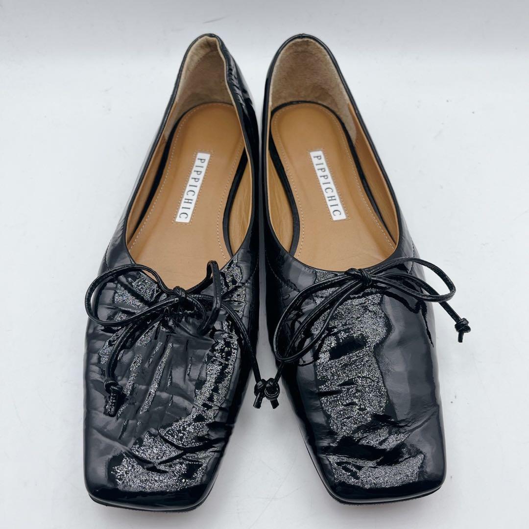 美品✨ピッピシック スクエアトゥ エナメル リボンフラットシューズ 36.5 黒