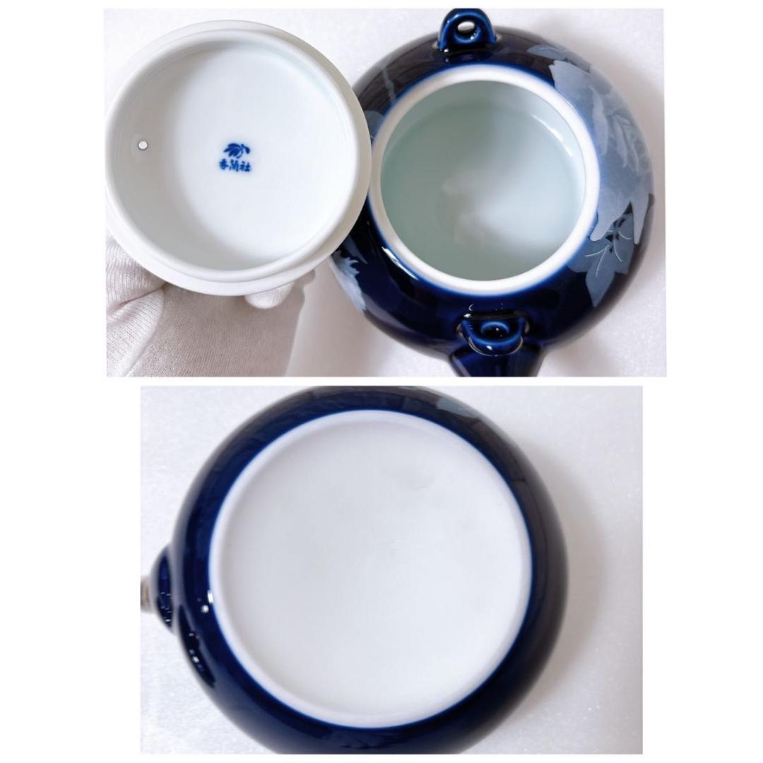 未使用品 香蘭社 ルリ白ばら 蓋付 茶器揃い 急須 湯呑み 5客セット 金彩