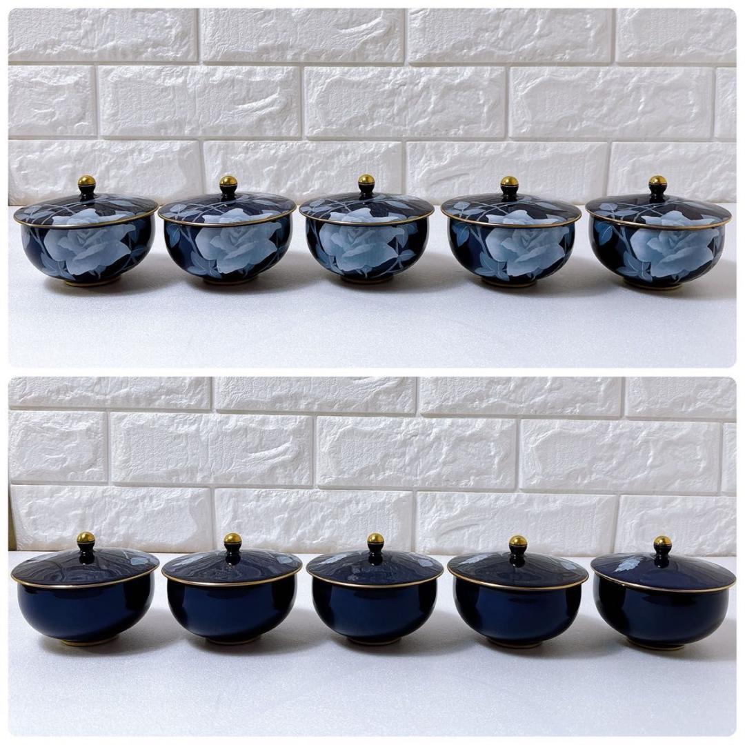 未使用品 香蘭社 ルリ白ばら 蓋付 茶器揃い 急須 湯呑み 5客セット 金彩