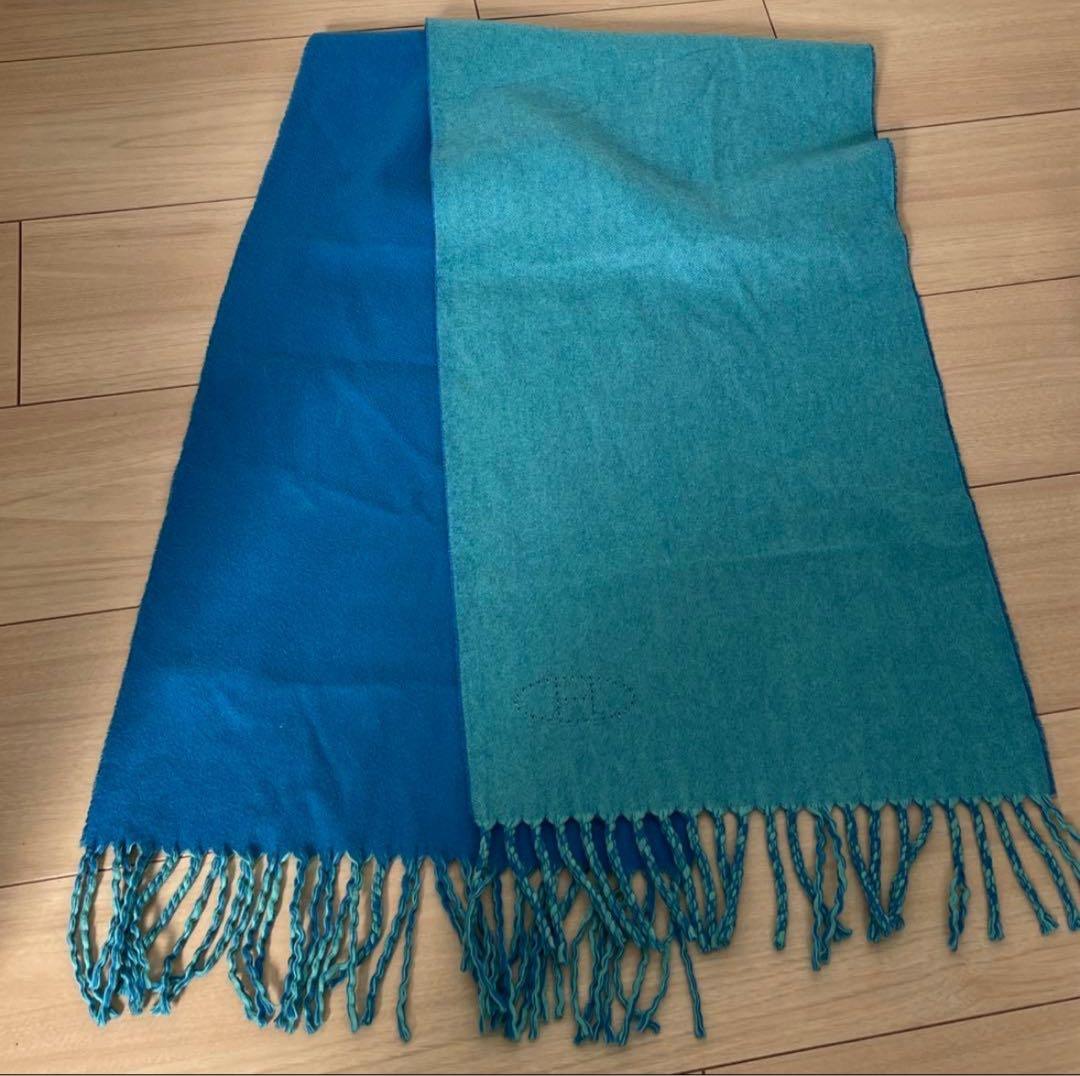 HERMES リバーシブルマフラー 青と水色 フリンジ付き