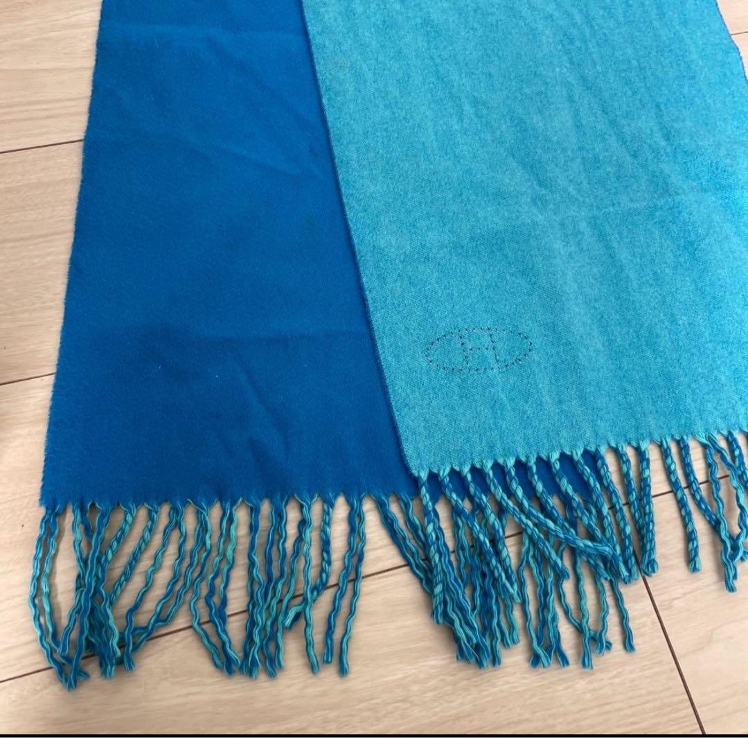HERMES リバーシブルマフラー 青と水色 フリンジ付き