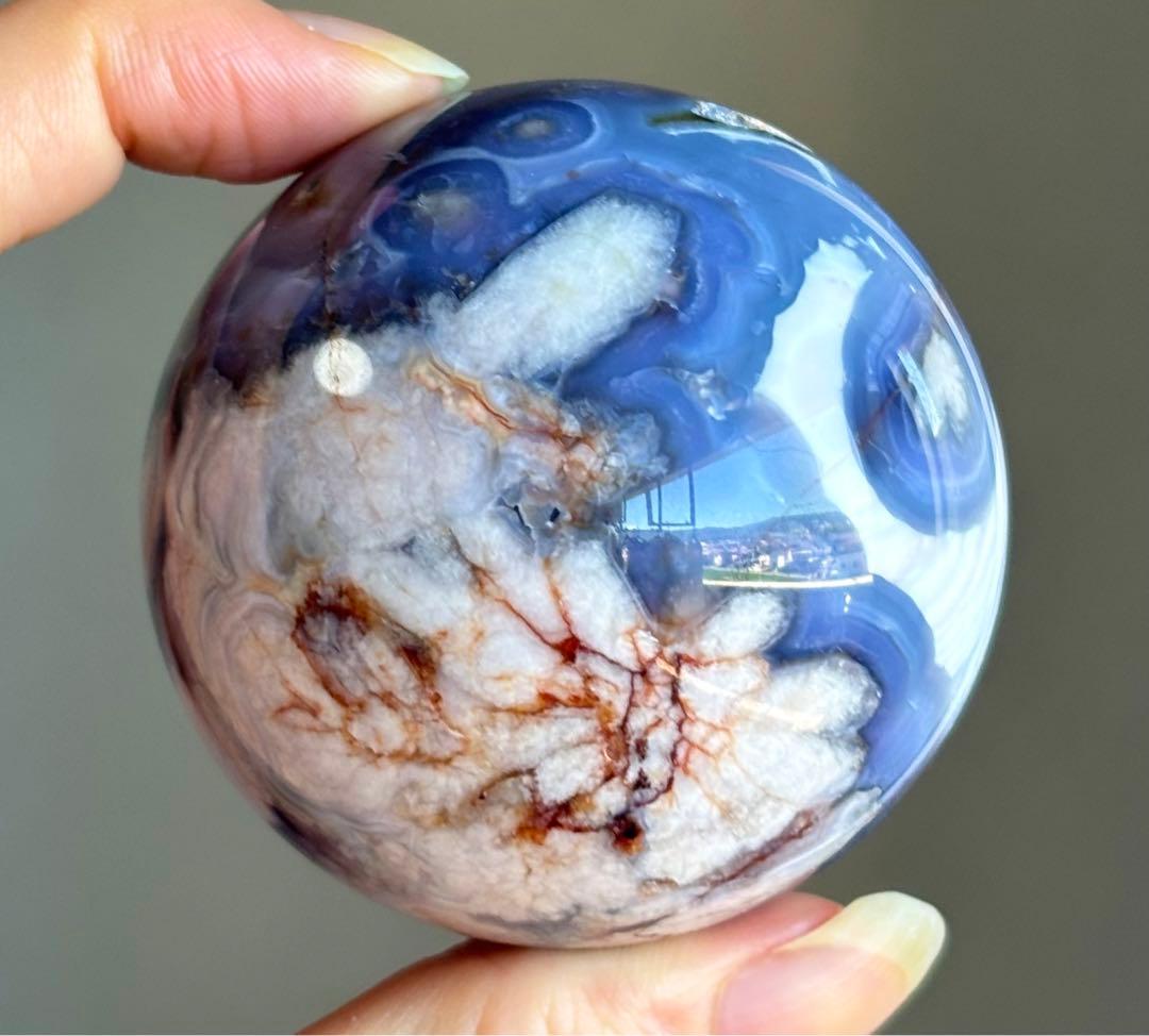 ラスト　高品質　ブルー桜瑪瑙　ブルーアゲート　スフィア　柄　花　5.7センチ