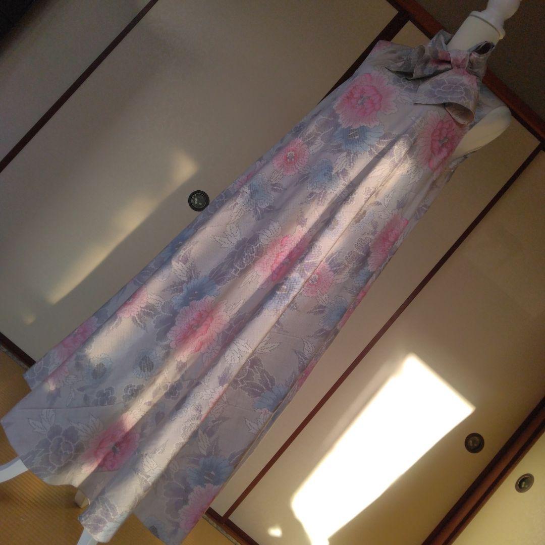 白大島紬解き生地から、バイアス仕立てロングフレアーワンピース　　Ｍ寸