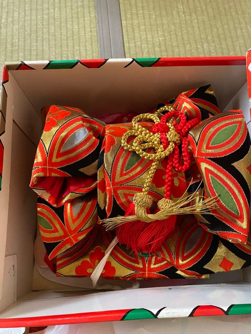 アンティークちりめん着物七五三着物と7歳用和装小物セット 赤とオレンジ　昭和