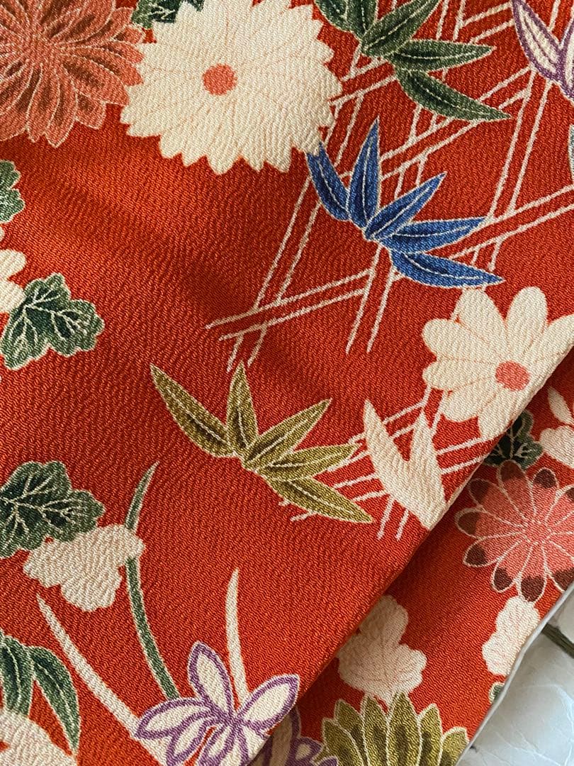 アンティークちりめん着物七五三着物と7歳用和装小物セット 赤とオレンジ　昭和