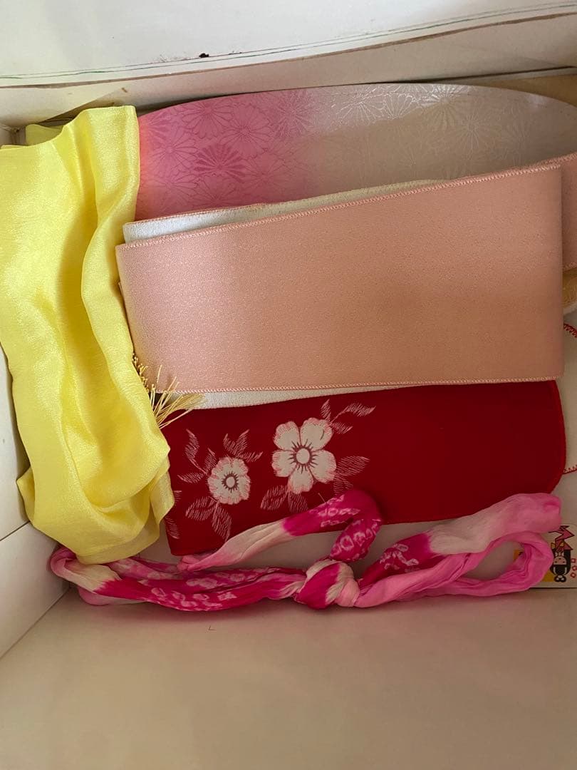 アンティークちりめん着物七五三着物と7歳用和装小物セット 赤とオレンジ　昭和