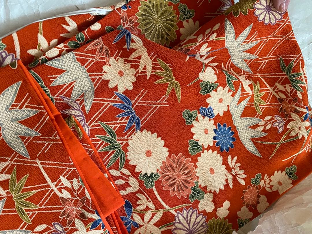 アンティークちりめん着物七五三着物と7歳用和装小物セット 赤とオレンジ　昭和