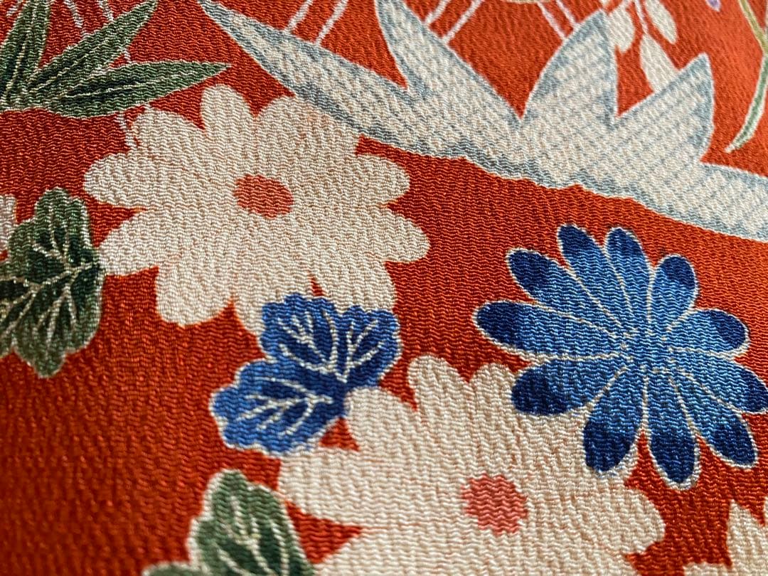 アンティークちりめん着物七五三着物と7歳用和装小物セット 赤とオレンジ　昭和