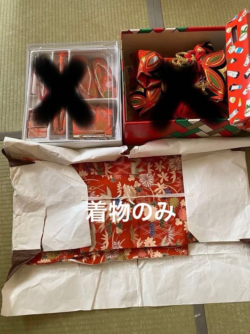 アンティークちりめん着物七五三着物と7歳用和装小物セット 赤とオレンジ　昭和