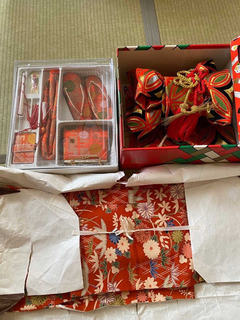 アンティークちりめん着物七五三着物と7歳用和装小物セット 赤とオレンジ　昭和