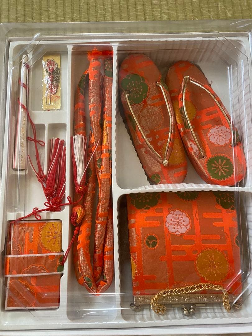 アンティークちりめん着物七五三着物と7歳用和装小物セット 赤とオレンジ　昭和