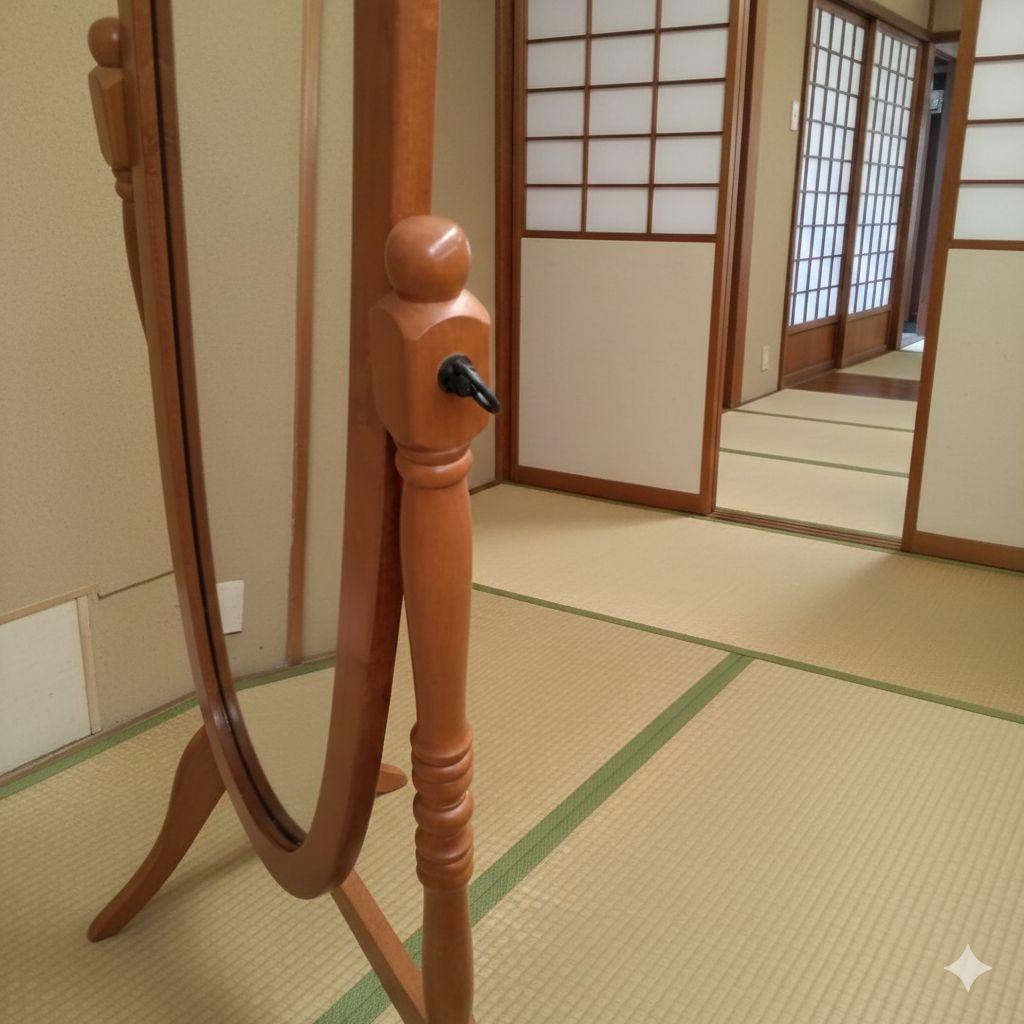 木製スタンドミラー 姿見 オーバル型 ナチュラル 全身鏡 自立式