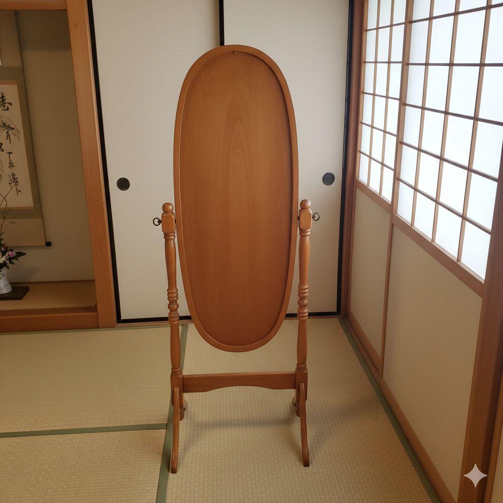 木製スタンドミラー 姿見 オーバル型 ナチュラル 全身鏡 自立式