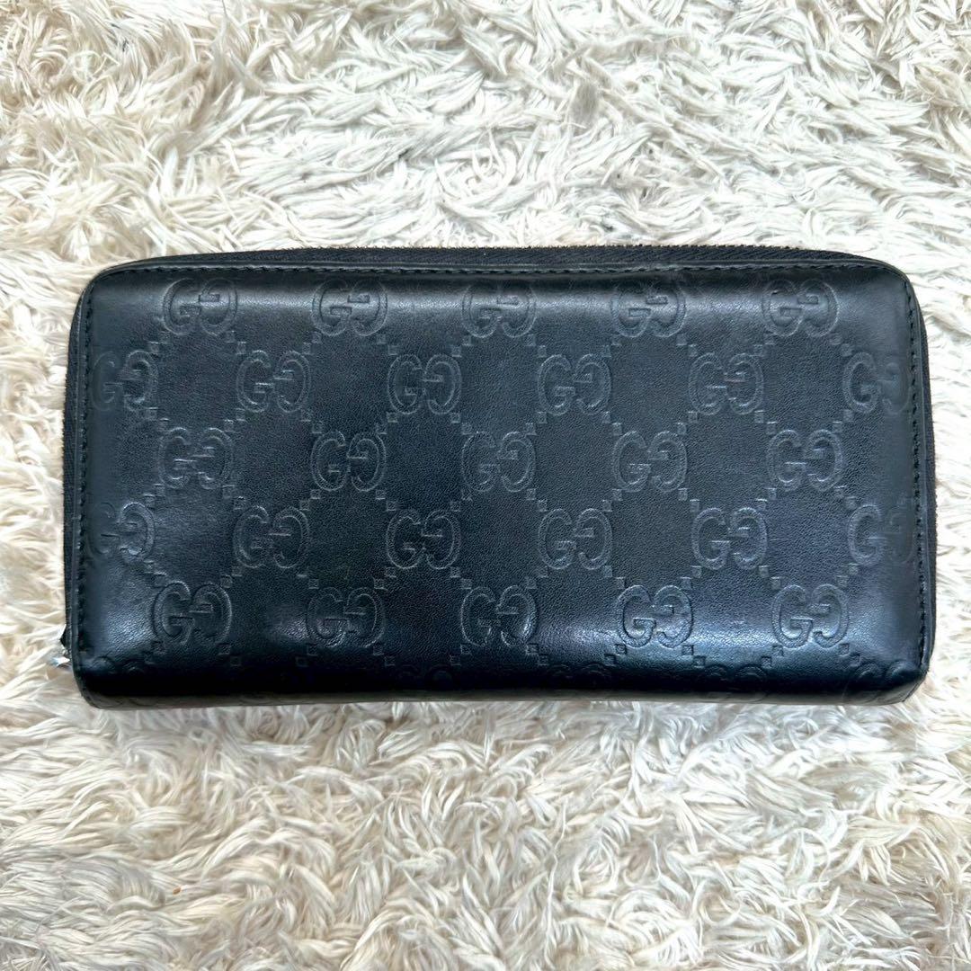 【美品】GUCCI 長財布 ラウンドファスナー シマ GG ブラック