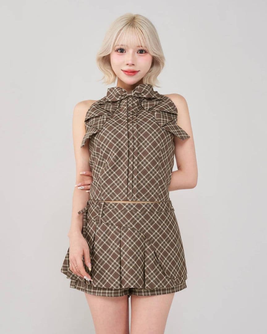 ダーリッチ チェックスカートライクショートパンツ ブラウン
